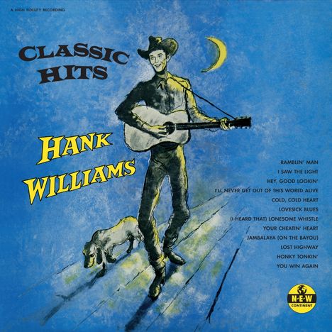 "CLASSIC HITS", "HANK WILLIAMS". Ein Mann mit Gitarre und Hund, beides in einer künstlerischen Illustration.