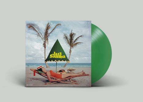 Text: "Jazz Samba". Szene: Frau liegt unter Sonnenschirm am Strand neben Palmen, grünes Vinyl sichtbar.