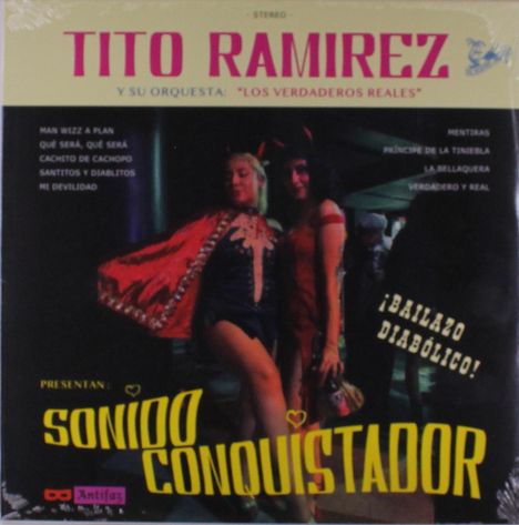 Text: "TITO RAMIREZ Y SU ORQUESTA", "SONIDO CONQUISTADOR", "¡BAILAZO DIABÓLICO!". Zwei Frauen in auffälliger Kleidung.