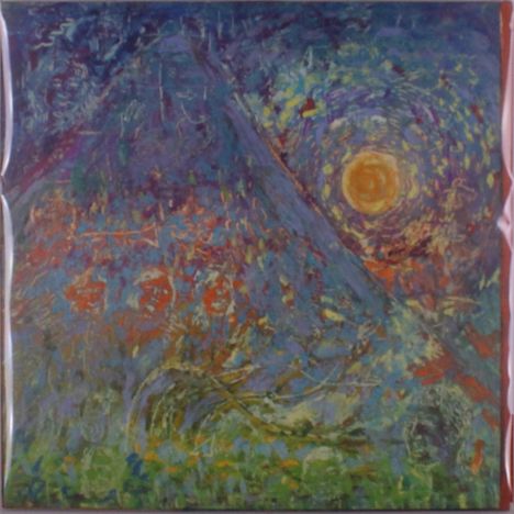 Es gibt keine Texte. Eine abstrakte, bunte Landschaft mit einem leuchtenden gelben Kreis, der an eine Sonne erinnert.