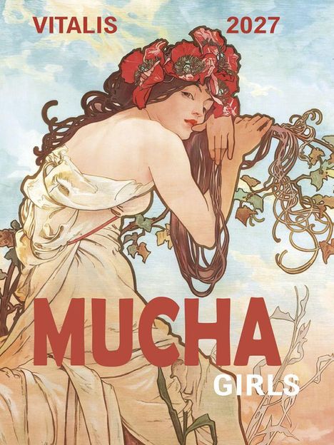 Oben steht "VITALIS 2027". Unten sind die Wörter "MUCHA GIRLS". Eine Frau in einem weißen Kleid, umgeben von Blumen.