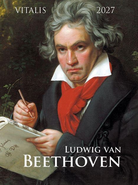 Text: "VITALIS 2027", "LUDWIG VAN BEETHOVEN". Illustration eines Mannes mit grauem Haar, rotem Schal, schreibt in ein Notizbuch.