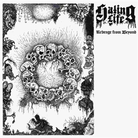 "Slating Life. Revenge from Beyond." Illustration: Schädel in einem Kreis, umgeben von düsteren, verzerrten Figuren.