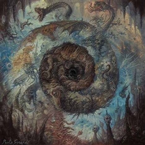 Es befindet sich der Name "Paolo Girardi" im Bild. Spiralförmige Monster und Drachen in dunkler, bedrohlicher Umgebung.