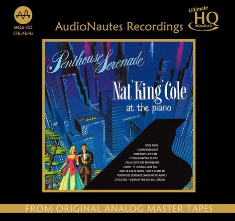 "Penthouse Serenade" von Nat King Cole. Illustration: Stadt bei Nacht, Paar tanzt vor Skyline.