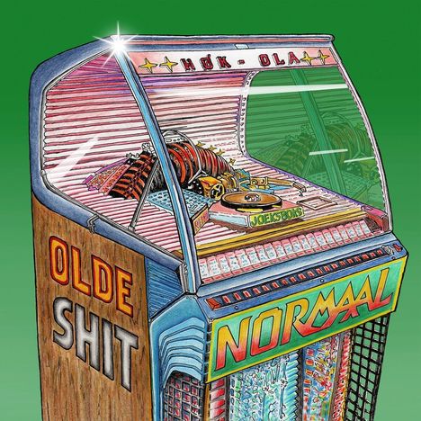 Texte: "OLDE SHIT", "HØK-OLA", "JOEKSBOKS", "NORMAAL". 

Illustration eines altmodischen Musikautomaten auf grünem Hintergrund.