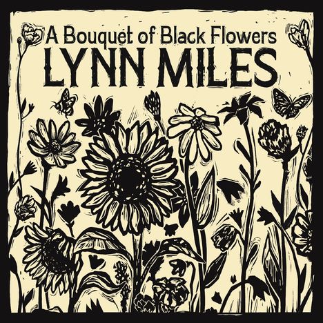 Titel “A Bouquet of Black Flowers Lynn Miles”, Illustration von Blumen und Schmetterlingen in Schwarz-Weiß.