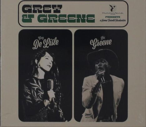 "Grey & Greene" steht oben. Links: "Grey De Lisle" singend. Rechts: "Lis Greene" mit Hut, singend. Es ist ein Retro-Design.