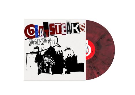 "Beatsteaks" und "Smacksmash" in Collage-Stil. Schwarze Silhouetten von Gebäuden, roter, marmorierter Schallplatte.