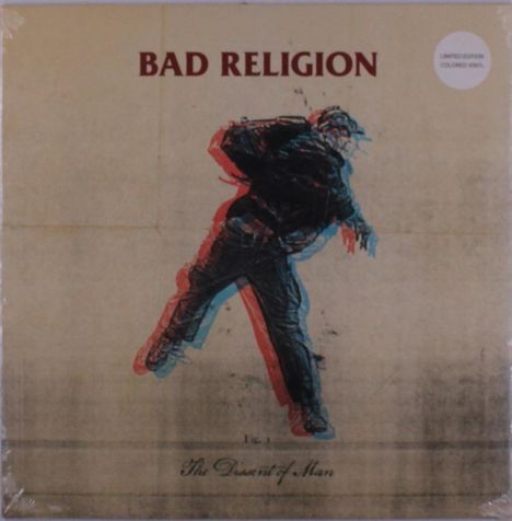"BAD RELIGION", "The Descent of Man". Begrenzte Ausgabe. Abstrakte Illustration einer fallenden Figur in Rot und Blau.