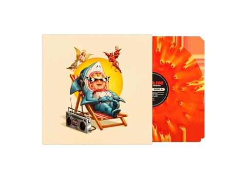 Ein Cover mit einem Hai im Liegestuhl, kopfhörertragend. Neben ihm ein Radio, darüber ein Engel und Teufel. Links eine orangefarbene Vinyl-Schallplatte.