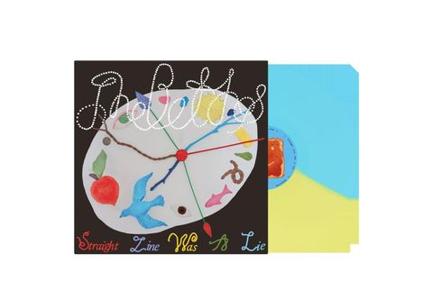 Texte: "Beetles", "Straight Line Was A Lie". Eine künstlerische Illustration mit Farbpalette und bunten Objekten.