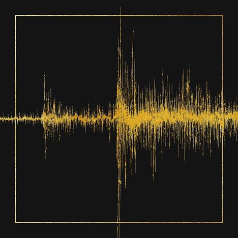 Eine goldene, ungleichmäßige Wellenform auf schwarzem Hintergrund, eingerahmt von einem feinen, goldenen Rechteck.