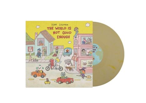 "The World is Not Good Enough. Sean Solomon." Illustration einer bunten Straßenszene mit Tiercharakteren in einem Wohnviertel.