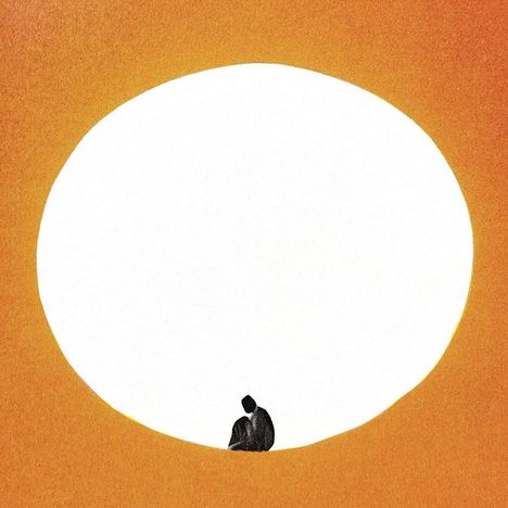 Keine Texte sichtbar. Illustration eines Menschen in Gedanken, sitzend vor einer großen weißen Sonne auf orangefarbenem Hintergrund.