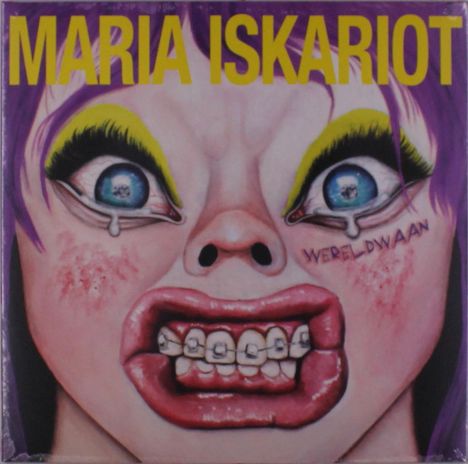Text: "MARIA ISKARIOT", "WERELDWAAN". Nahaufnahme eines gezeichneten Gesichts mit übertriebenen Zügen.