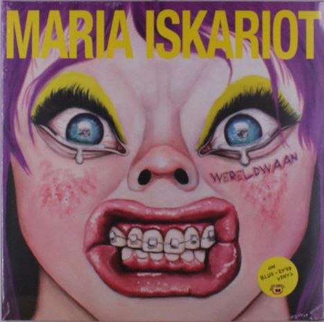 "MARIA ISKARIOT" oben, "WERELDWAAN" auf der Wange einer Karikatur mit verzerrtem Gesichtsausdruck, gelbes Logo unten rechts.