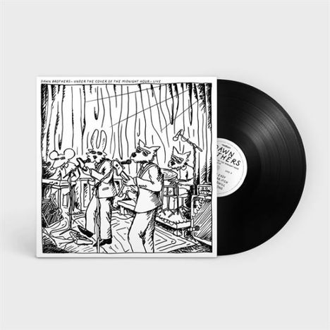 "Dawn Brothers - Under the Cover of the Midnight Hour - Live." Illustration von tanzenden Tieren in formeller Kleidung.