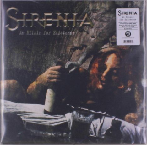 "Sirenia - An Elixir for Existence" in goldener Schrift, Frau mit rotem Haar hält Flasche in der Hand, dunkle Atmosphäre.