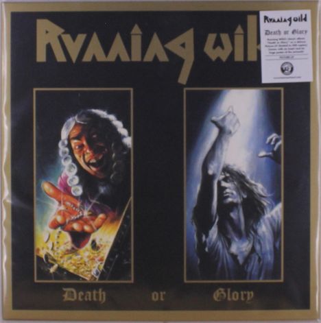 "Running Wild - Death or Glory." Zwei Illustrationen: Links Figur mit Schatztruhe, rechts ein Mann mit erhobenem Arm im Licht.