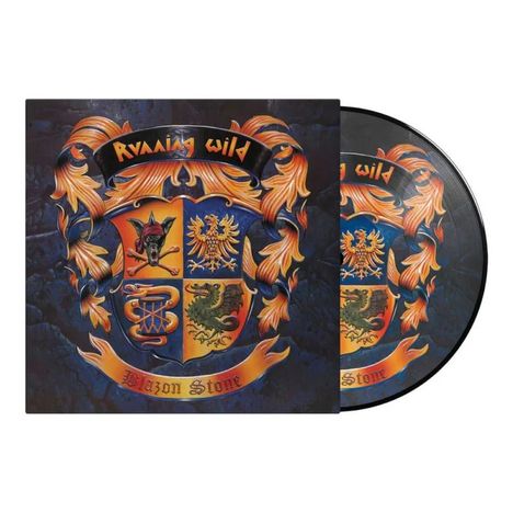 Ein Wappen mit "Running Wild" oben und "Blazon Stone" unten. Verziert mit Flammen und Tiermotiven.