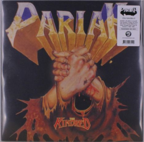 Text: "PARIAH", "THE KINDRED". Zwei gefaltete, blutige Hände vor einem dunklen Hintergrund. Großer, goldener Schriftzug oben.