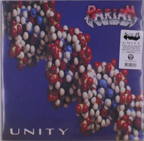 "UNITY" unten, "PARIAH" oben in Metallschrift. Molekülmodell mit blauen, roten und weißen Kugeln auf blauem Hintergrund.