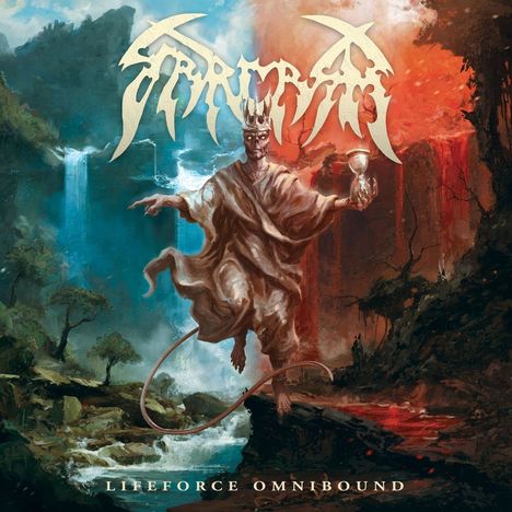 Text: "LIFEFORCE OMNIBOUND". Eine mystische Figur mit Krone, schwebend zwischen grüner und roter Landschaft.