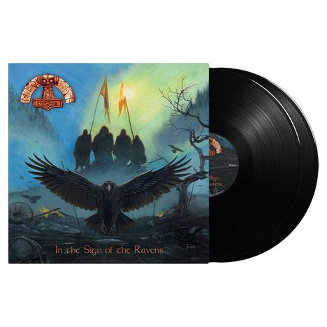 „In the Sign of the Ravens“; Logo oben; Illustration mit Rabe, Krieger-Silhouetten, Fahnen und düsterem Himmel.