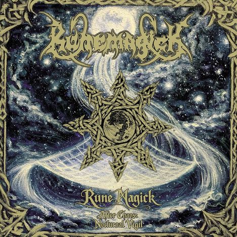 Text: "Runemagick", "Rune Magick", "After Chaos: Nocturnal Vigil". Illustration: Mystische, kosmische Szenerie mit Ornamenten.