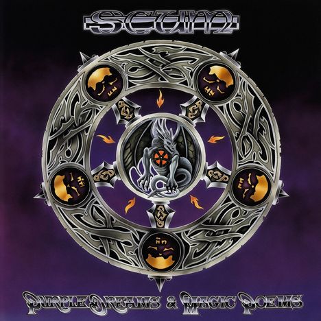 „Scum“ oben, „Purple Dreams & Magic Poems“ unten. Zentrales Emblem: Drache in einem verzierten, symbolischen Kreis.