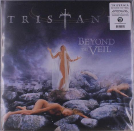 Oben steht "TRISTANIA", darunter "BEYOND THE VEIL". Frauen liegen auf Felsen, eine steht mit ausgebreiteten Armen.