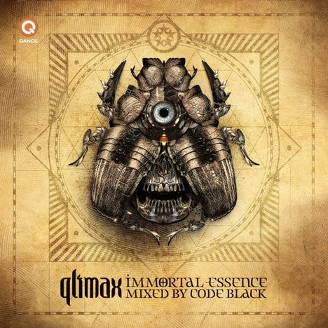 "Qlimax Immortal Essence Mixed by Code Black." Oben ein stilisiertes, symmetrisches Insektendesign mit Auge auf beige Hintergrund.