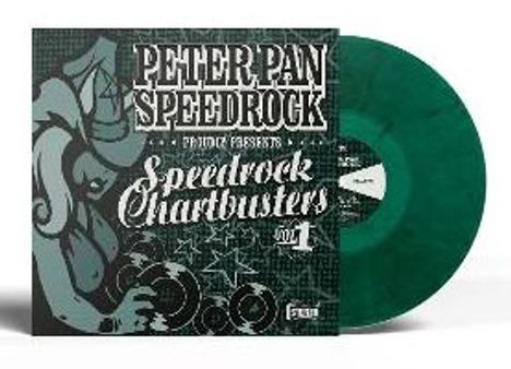"PETER PAN SPEEDROCK", "Speedrock Chartbusters Vol. 1". Grünes Vinyl und muskulöse Frauengestalt in Schwarz-Weiß.