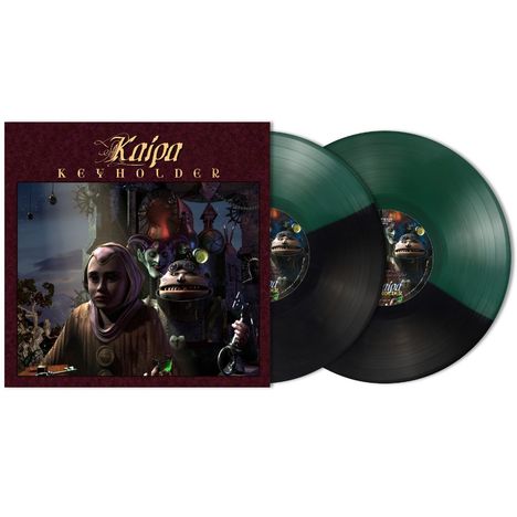 Text: "Kaipa Keyholder". Ein Albumcover mit Fantasiefiguren und zwei Schallplatten in Grün und Schwarz.