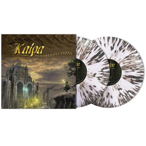 "Kaipa Mindrevolutions" in goldener Schrift auf Albumcover; zwei marmorierte, schwarz-weiße Schallplatten daneben.