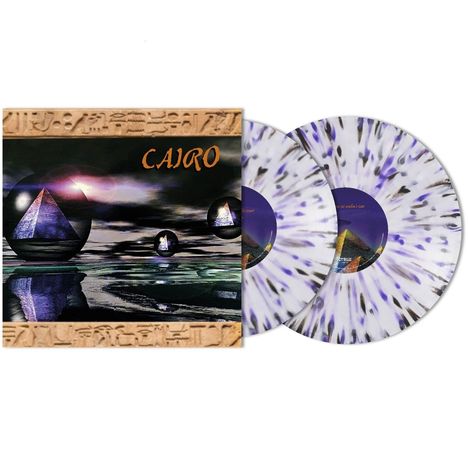 Text: "CAIRO". Illustration von Pyramiden in Kugeln, Platten mit schwarzem und violettem Spritzmuster.