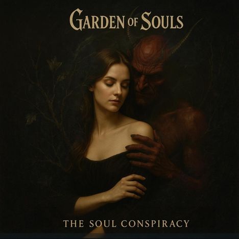 "Garden of Souls" und "The Soul Conspiracy". Eine Frau mit geschlossenen Augen, umarmt von einer dämonischen Gestalt.