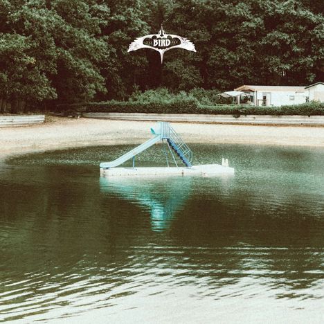 Text: "THE BIRD <E.P>" Logo. Rutsche auf einem See, umgeben von Bäumen und einem Strandhaus im Hintergrund.