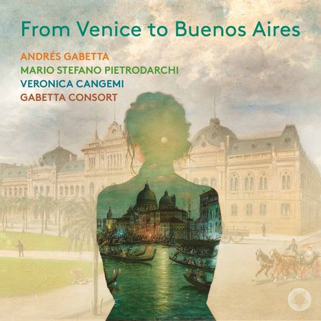 "From Venice to Buenos Aires" in grün. Silhouette vor historischem Gebäude mit Stadtbild, Kanäle und Boote darin sichtbar.