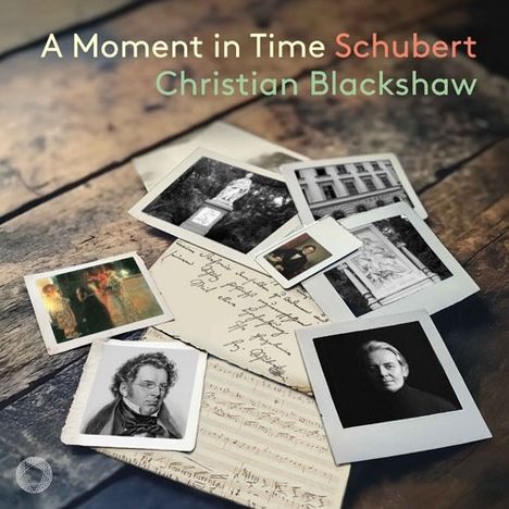 "A Moment in Time Schubert Christian Blackshaw". Fotos und Notenblätter auf Holzuntergrund.