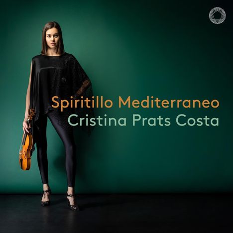 Text: "Spiritillo Mediterraneo, Cristina Prats Costa." Eine Frau mit Bratsche vor einem grünen Hintergrund.