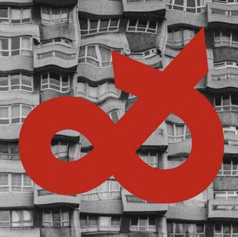 Großes rotes Logo in Form einer stilisierten Schleife über schwarz-weißem Gebäude mit wellenförmigen Balkonen.