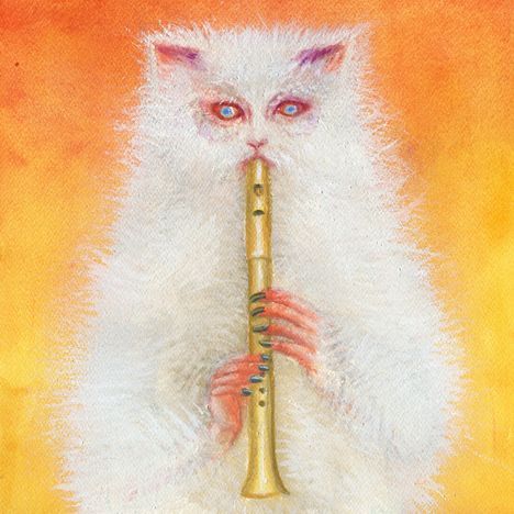 Weiße, flauschige Katze mit blauen Augen hält eine Flöte, Hintergrund in warmen Orange- und Gelbtönen.