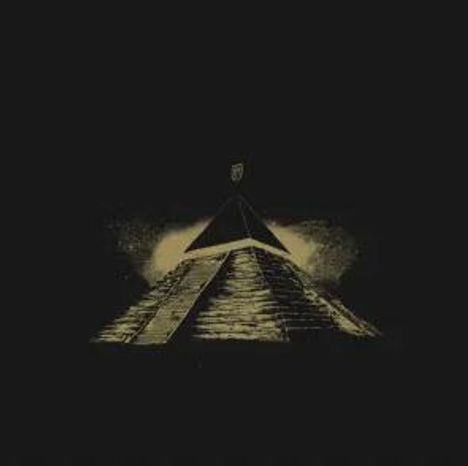 Goldene Pyramide mit abgesetzter Spitze und leuchtendem Hintergrund auf schwarzem Grund. Minimalistische Illustration.