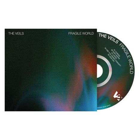 "The Veils" und "Fragile World" in weißen Buchstaben auf schwarzem Hintergrund mit schwachen, bunten Lichtschimmern.