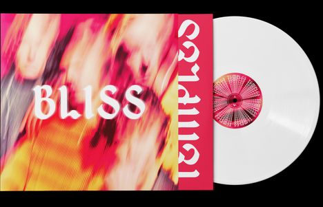 Text: "BLISS", "Temples". Verschwommene, bunte Illustration mit rotem, gelbem und schwarzem Hintergrund. Weiße Vinyl-Schallplatte.