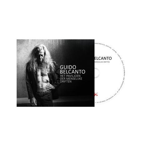 Text: "Guido Belcanto Het Paviljoen der Menselijke Driften". Ein Mann mit offenen Hemd und langen Haaren in Schwarz-Weiß.