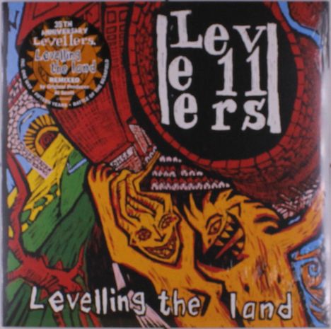 "Levellers", "Levelling the Land". Illustration mit stilisierten Gesichtern und leuchtenden Farben.