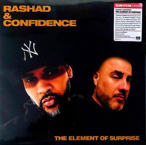"RASHAD & CONFIDENCE" oben in Orange, "THE ELEMENT OF SURPRISE" unten. Zwei Männer, einer mit Cap. Coverbild.